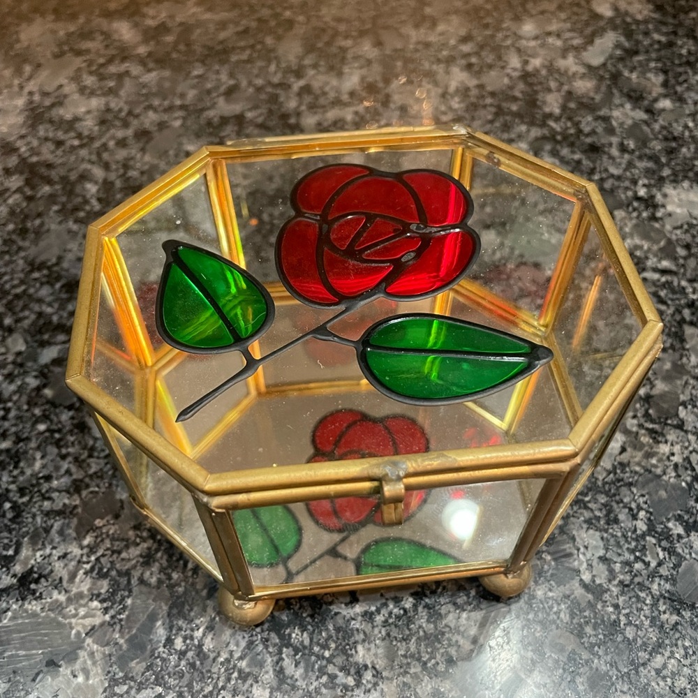 VTG Powell Stained Glass Brass Rose Mirrored Trinket Ring Box Jewelry Keepsake